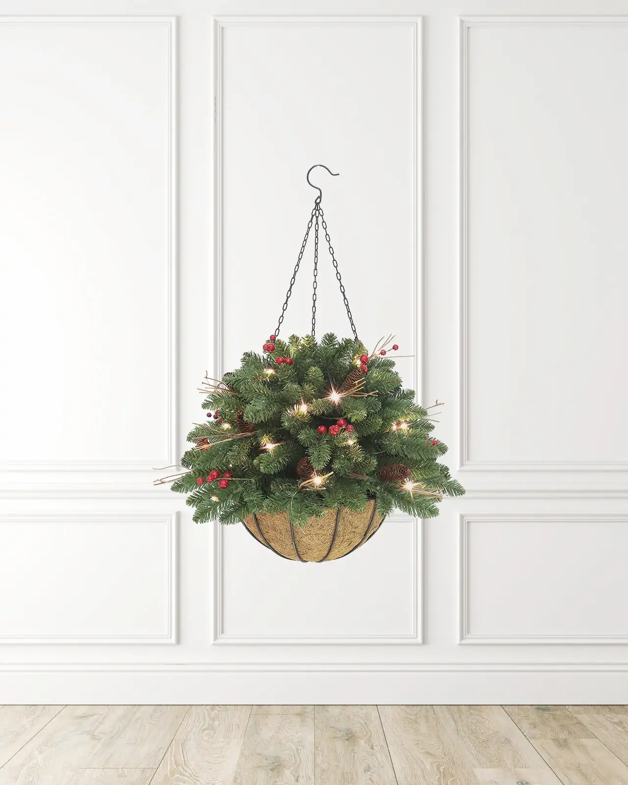 Pre-Lit Green Hanging Basket w/ Pinecones& Red Berries