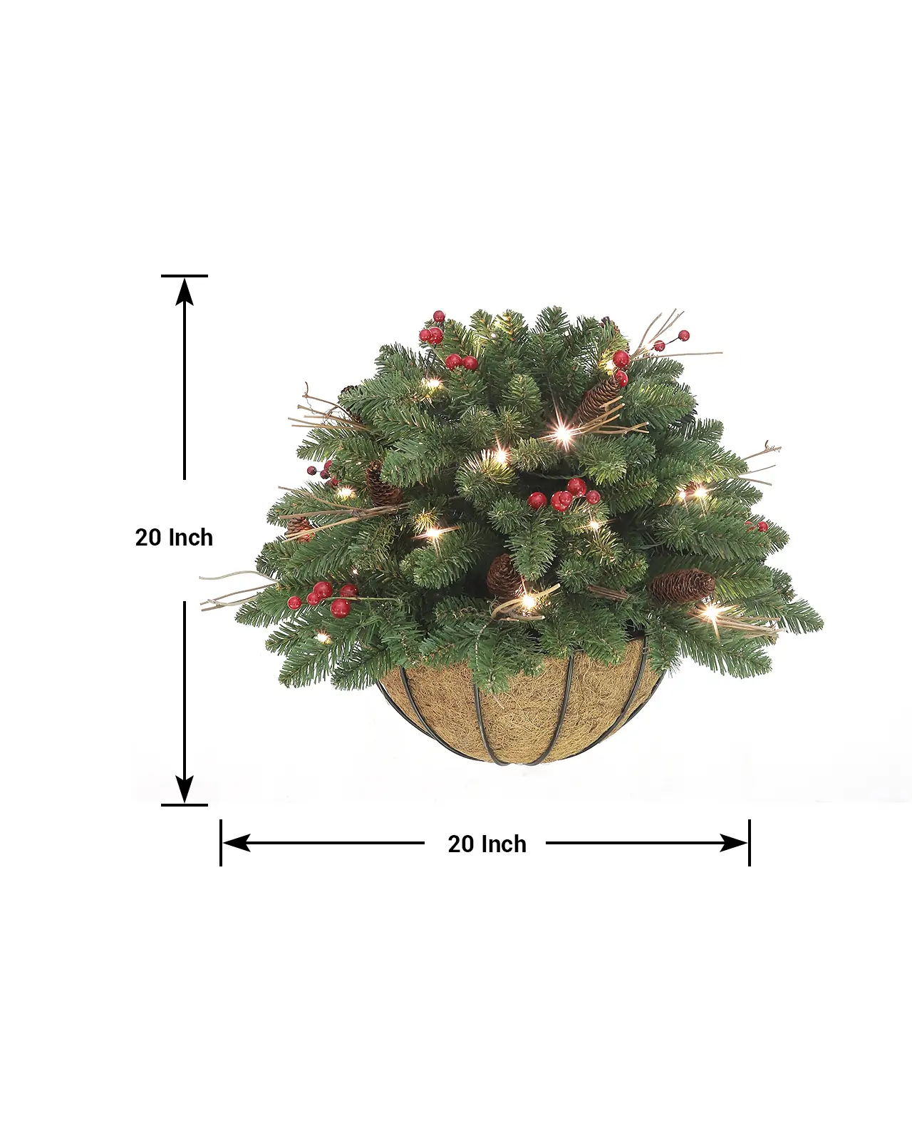 Pre-Lit Green Hanging Basket w/ Pinecones& Red Berries