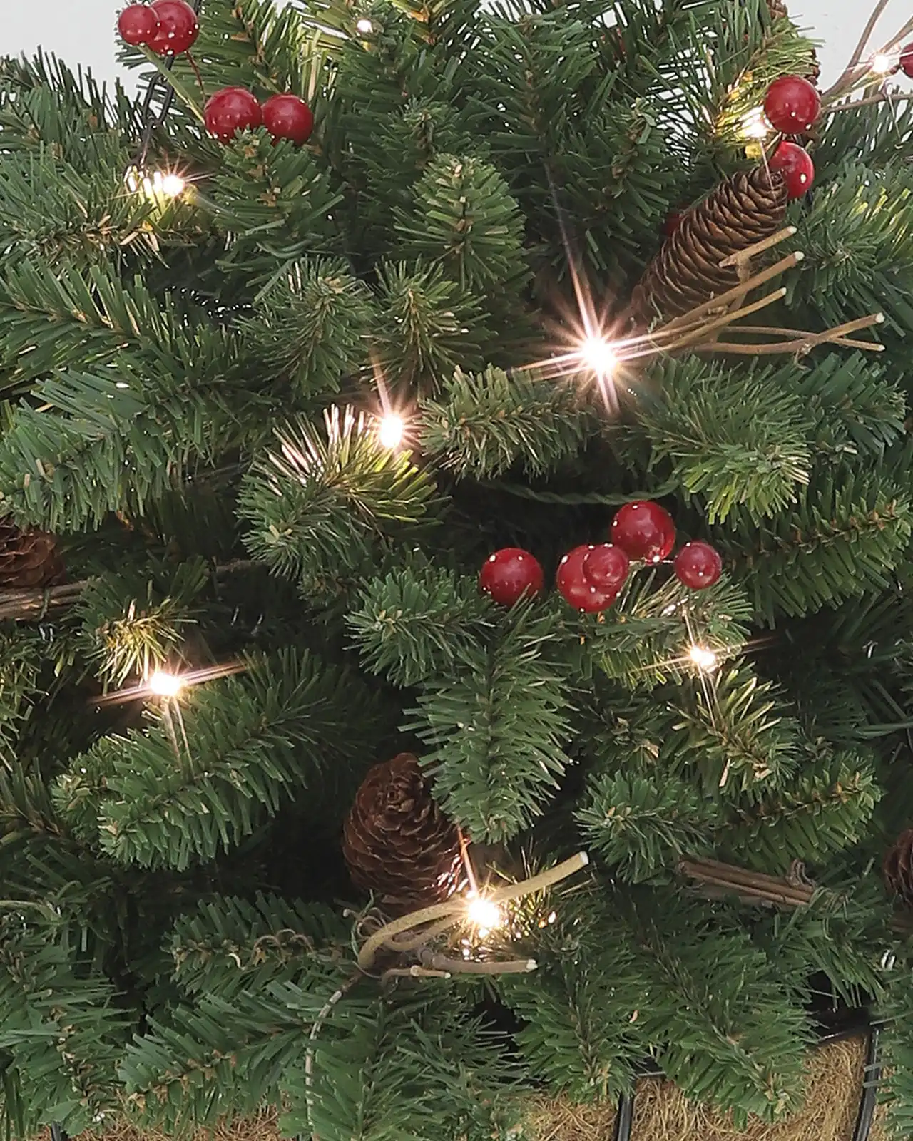 Pre-Lit Green Hanging Basket w/ Pinecones& Red Berries