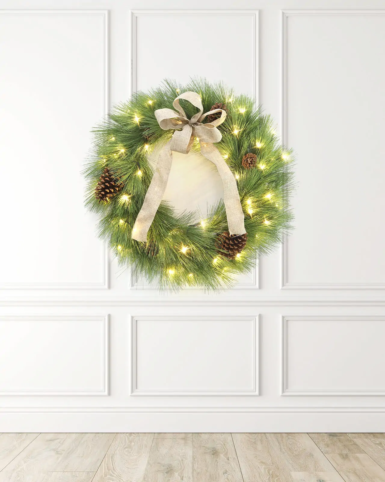 Pre-Lit Green Pine Wreath w/ Pinecones& Bows