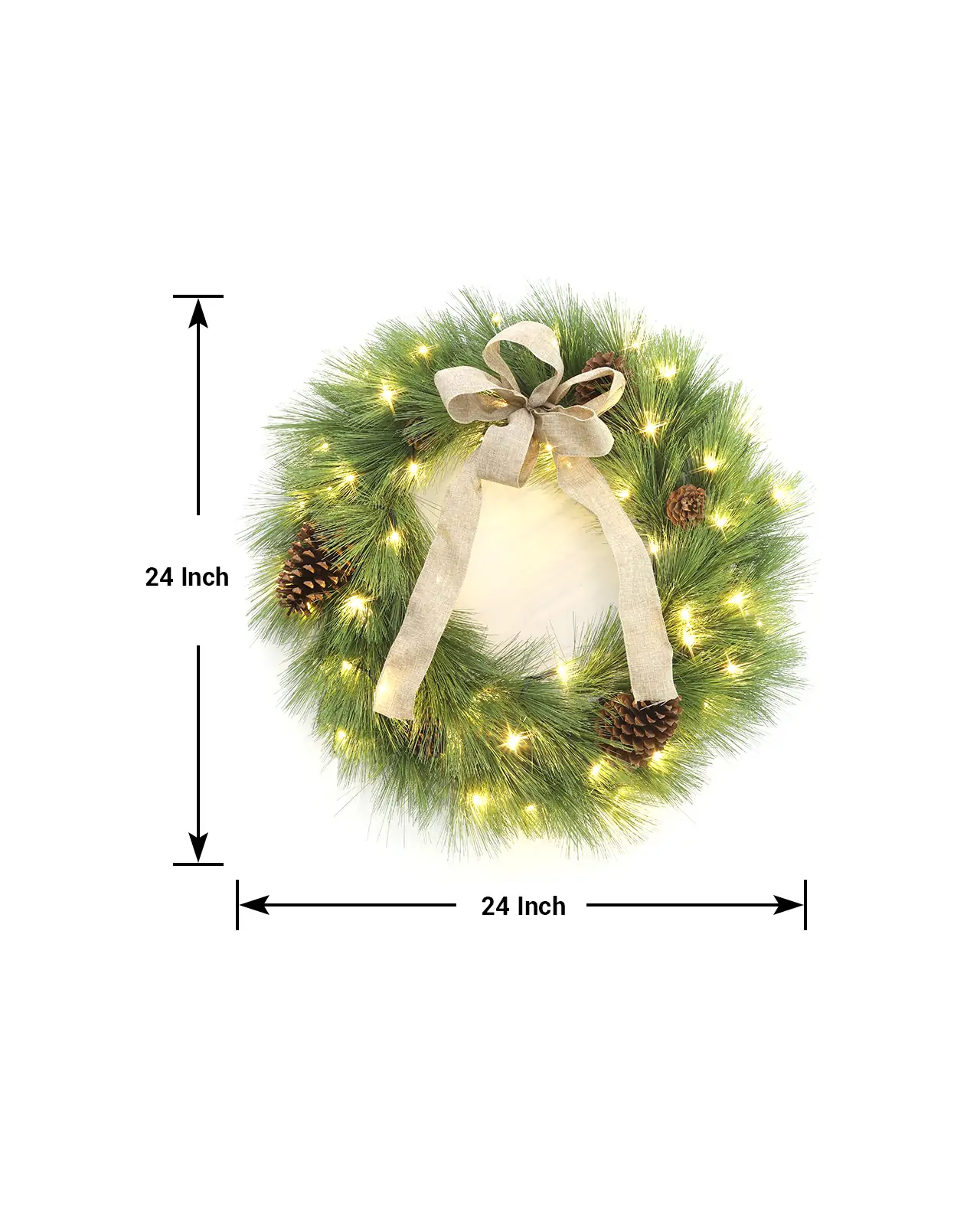 Pre-Lit Green Pine Wreath w/ Pinecones& Bows