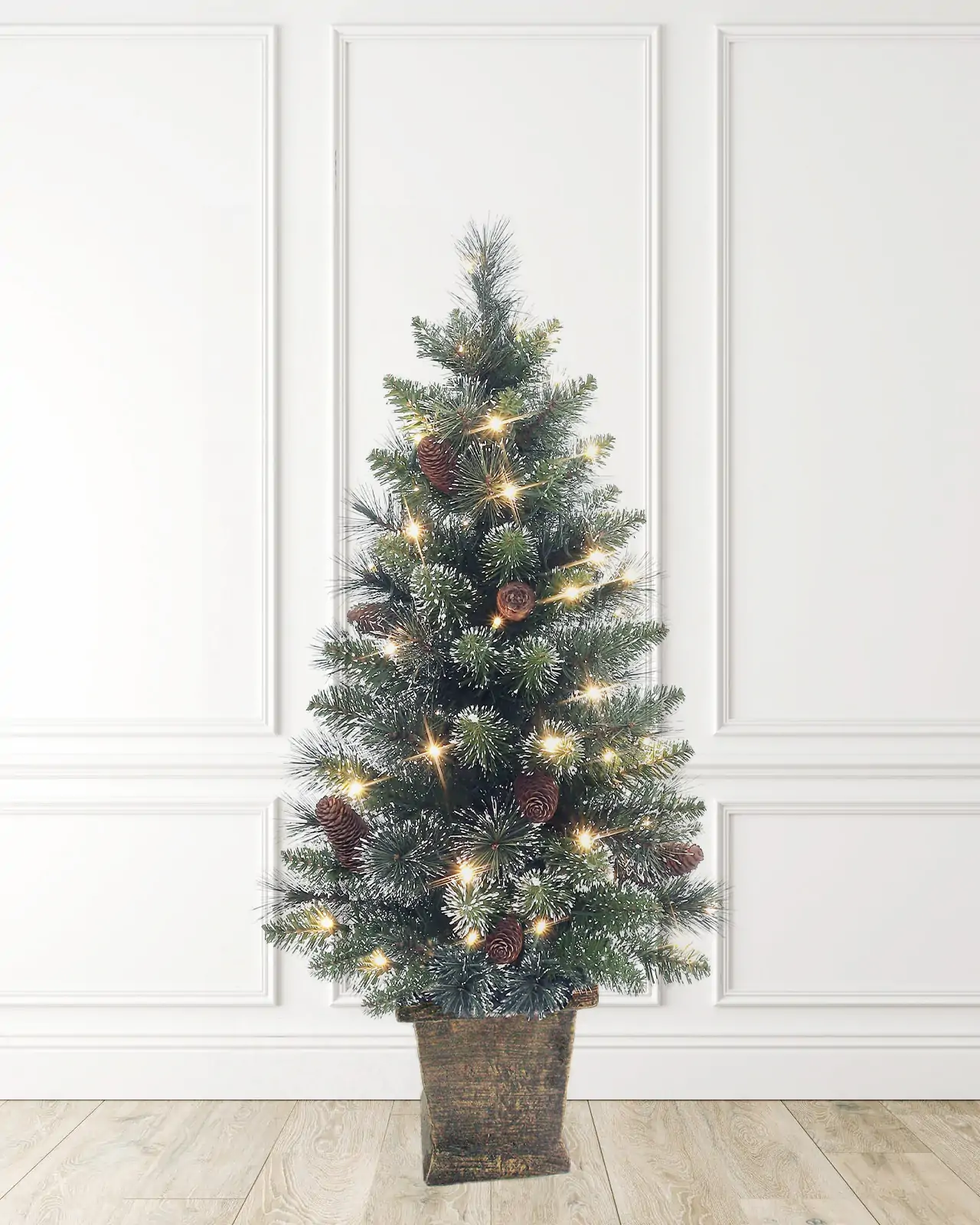 Pre-Lit Frosted Pine Tree w/ Pot, Pinecones