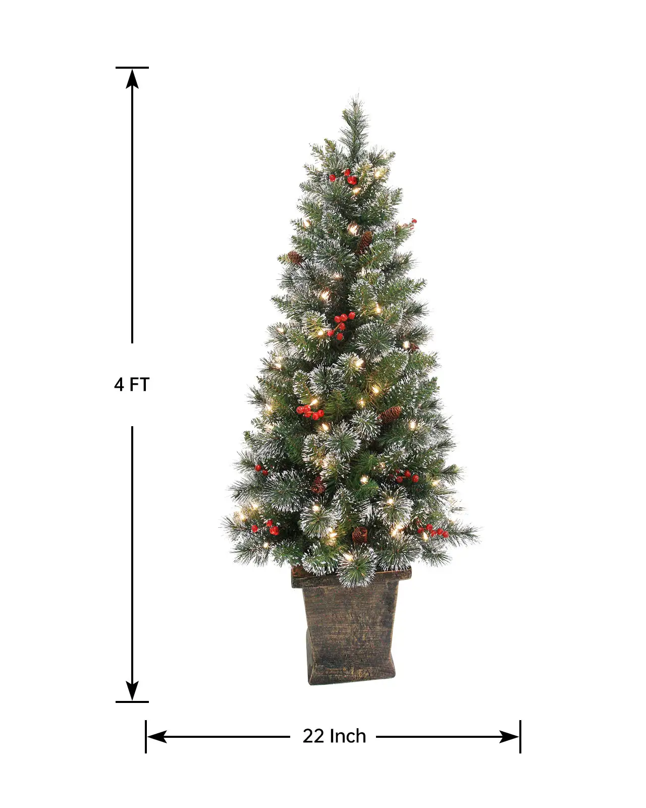Pre-Lit Frosted Pine Tree w/Pot, Pinecones& Red Berries