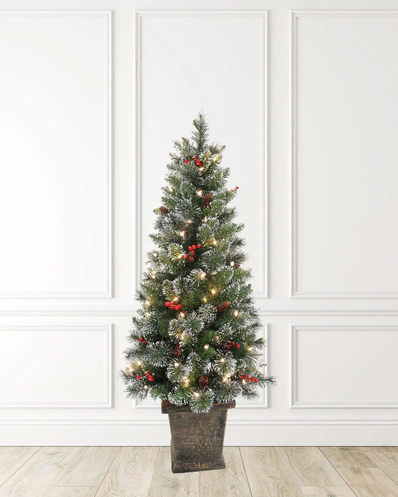 Pre-Lit Frosted Pine Tree w/Pot, Pinecones& Red Berries