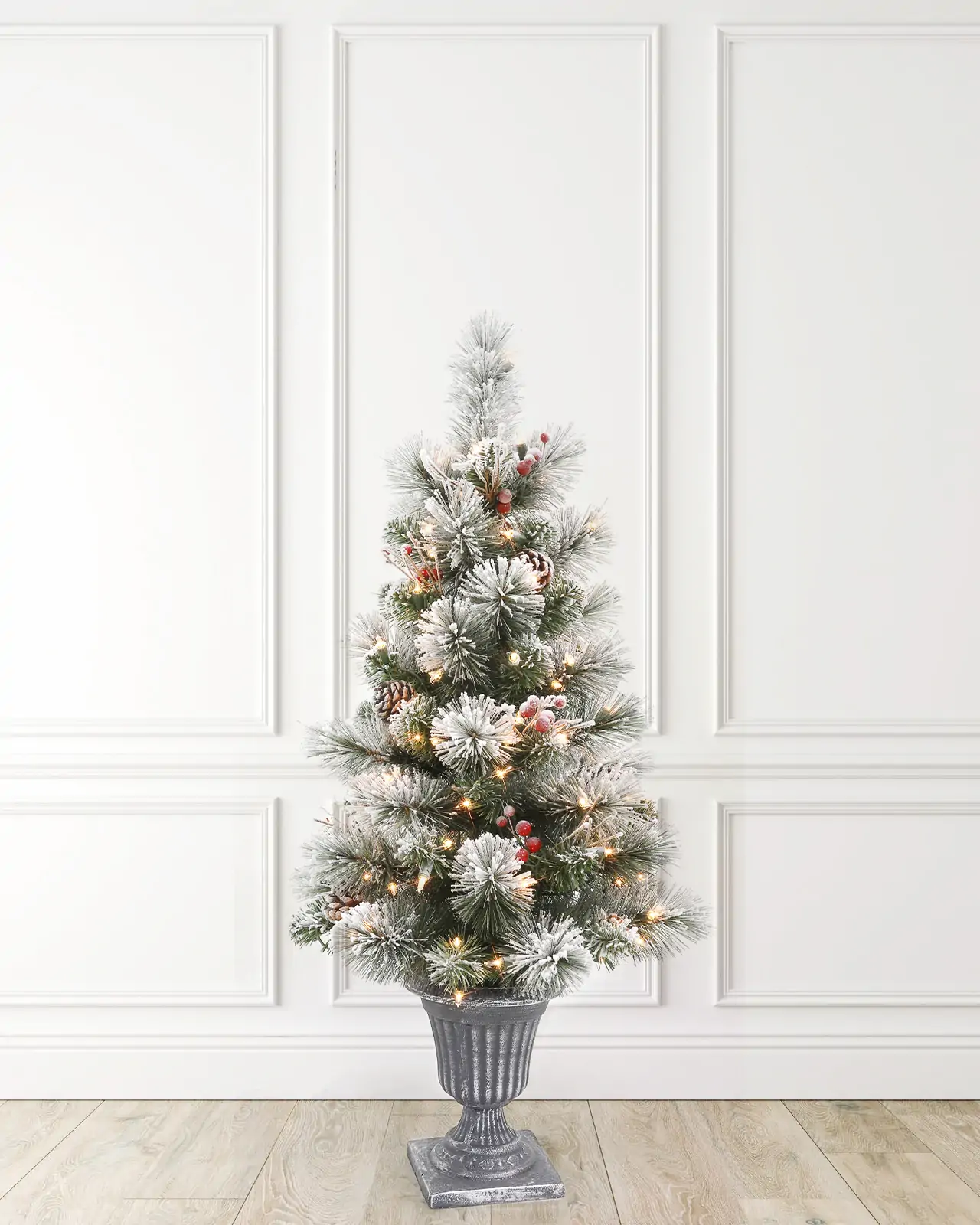 Pre-Lit Flocked Pine Tree w/ Pot, Pinecones,Red Berries& Twigs