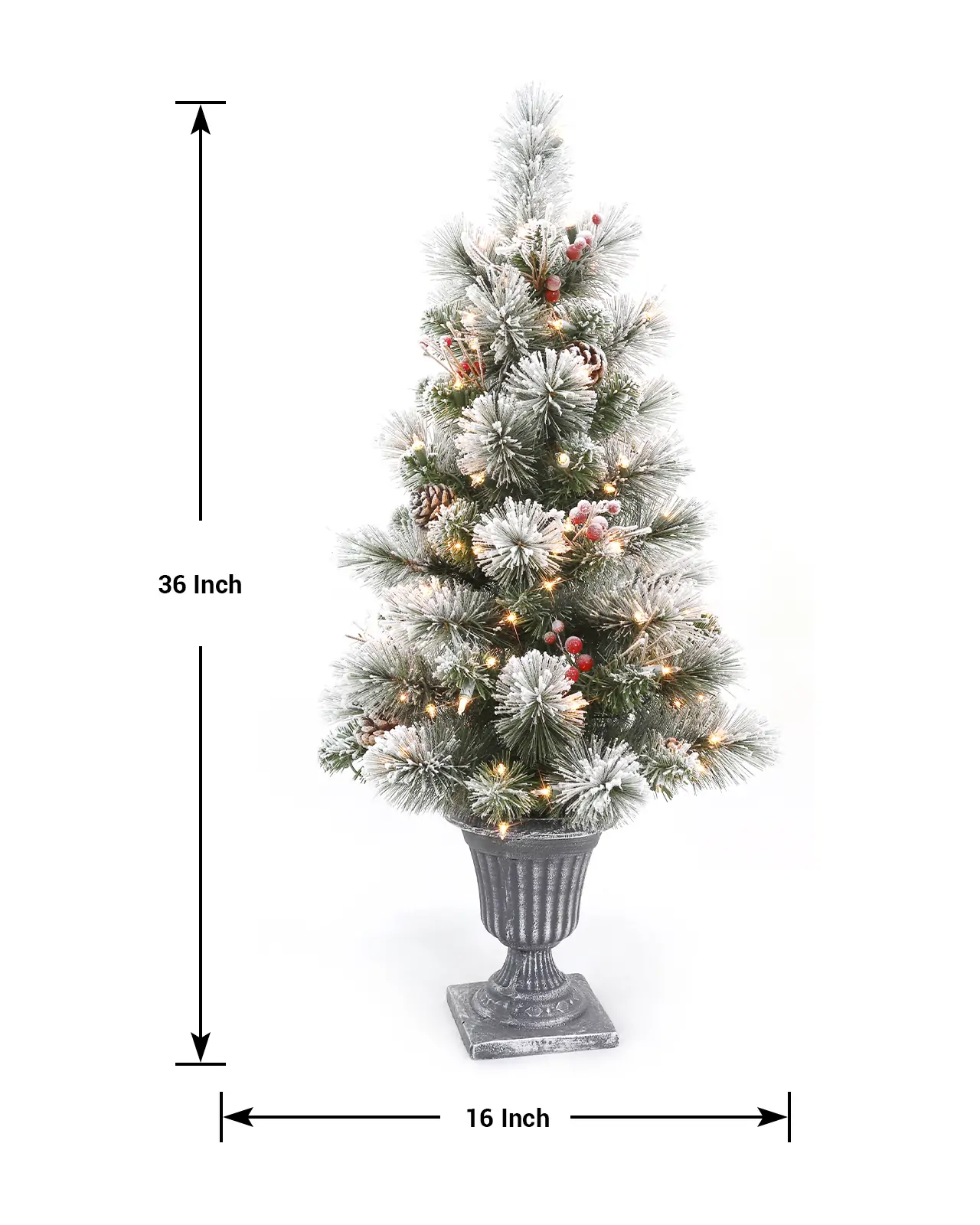Pre-Lit Flocked Pine Tree w/ Pot, Pinecones,Red Berries& Twigs