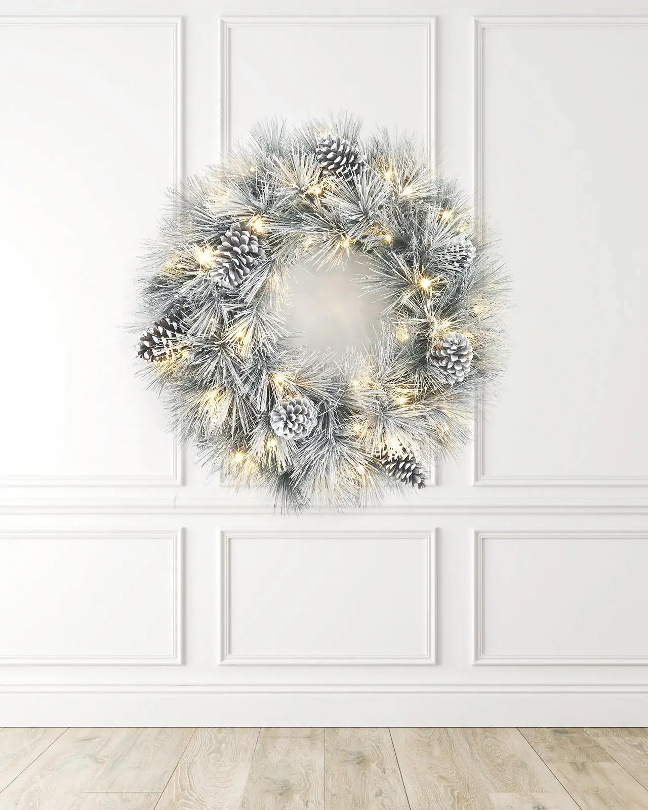 Pre-Lit Frosted Pine Wreath w/ Pinecones