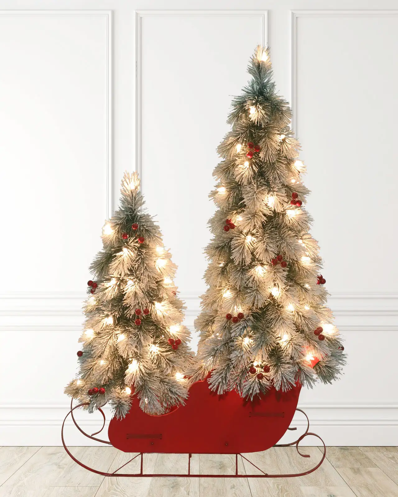 Pre-Lit Flocked Pine Tree w/Sled