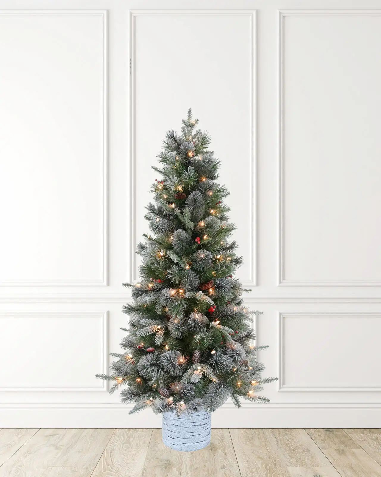 Pre-Lit Frosted Pine Tree w/Pot, Pincones & Red Berries