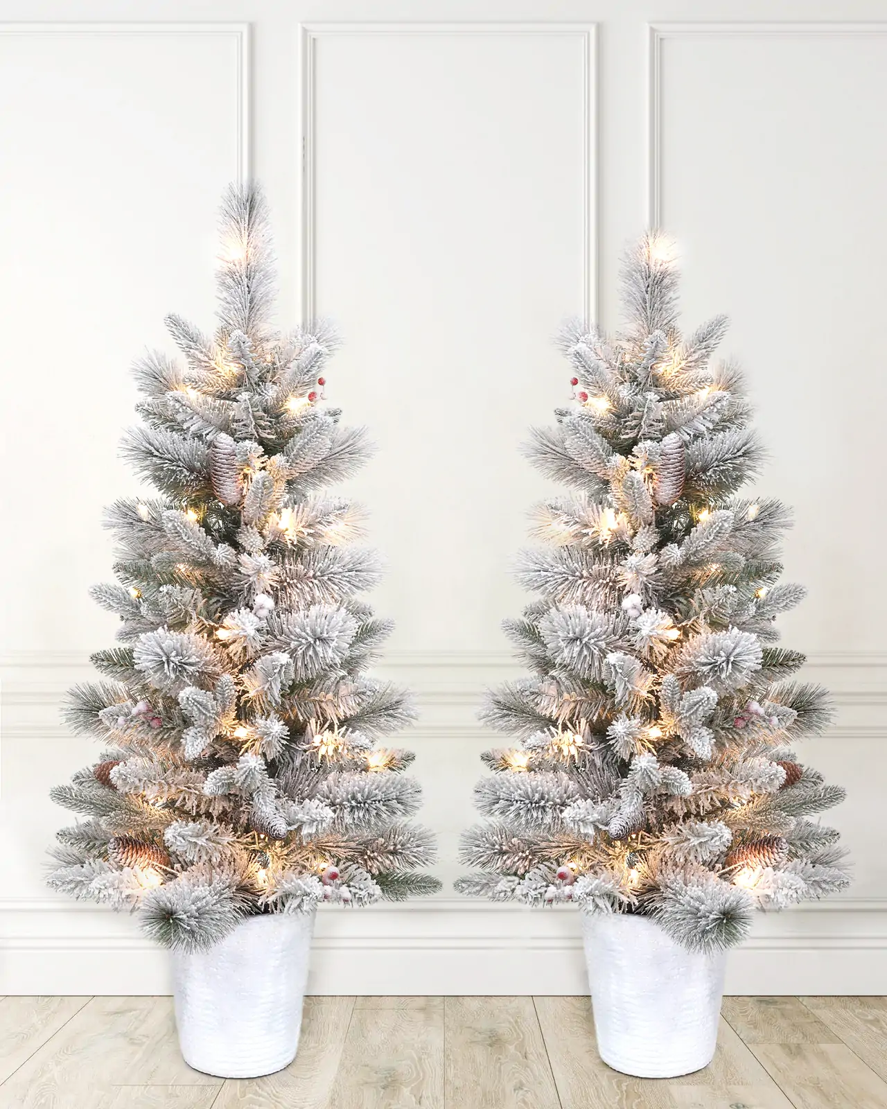 Pre-Lit Flocked Spruce Tree w/Pot, Pinecones& Red Berries