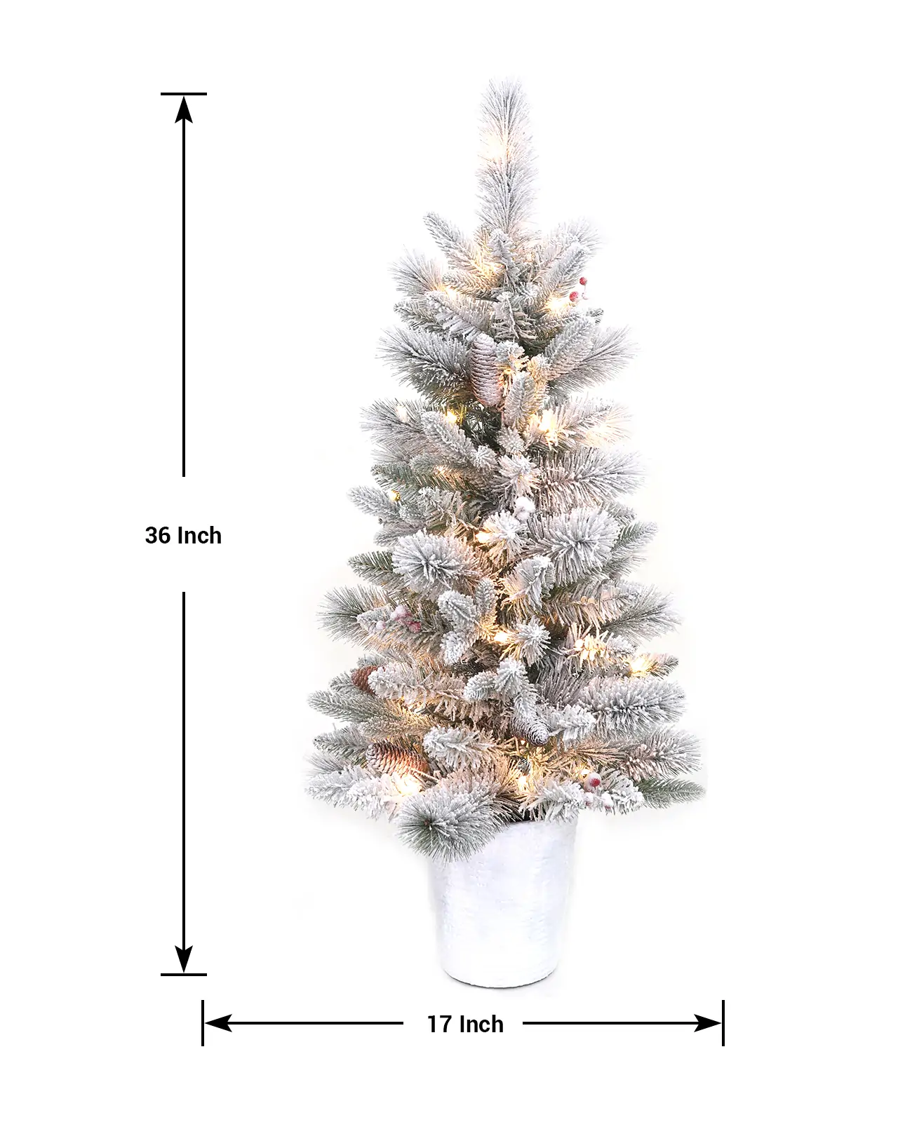 Pre-Lit Flocked Spruce Tree w/Pot, Pinecones& Red Berries